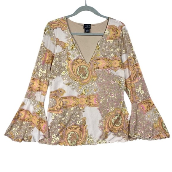 INC International Concepts Retro Floral Boho Print Bell Sleeve Size L Cream - Picture 1 of 9